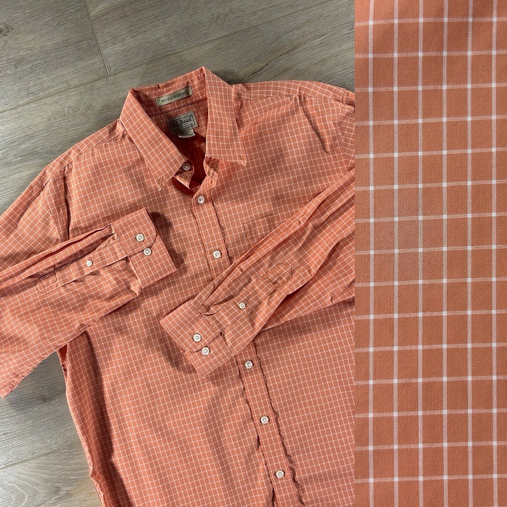 LL Bean Mens‎ Large Orange Check Wrinkle Free Traditional Fit Button Down